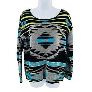 Cotton Country Black Colorful Southwest Recycled Cotton Knit Hip Mod Play Top M